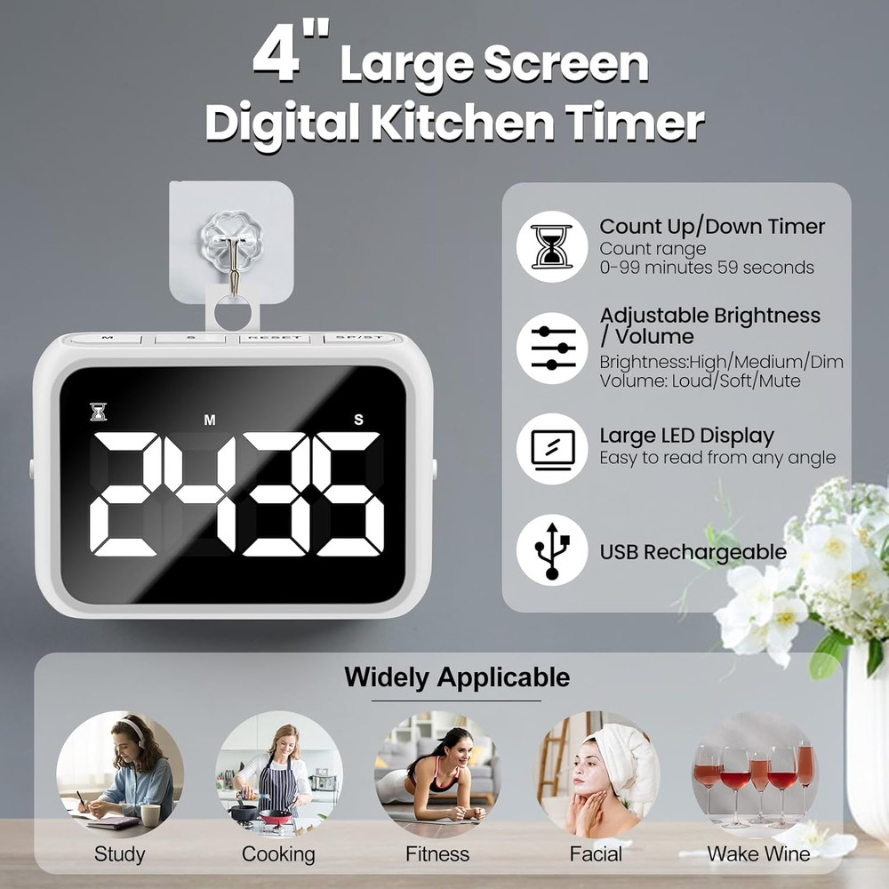 USB Rechargeable Loud Digital Kitchen Timer with Large LCD Display & Adjustable
