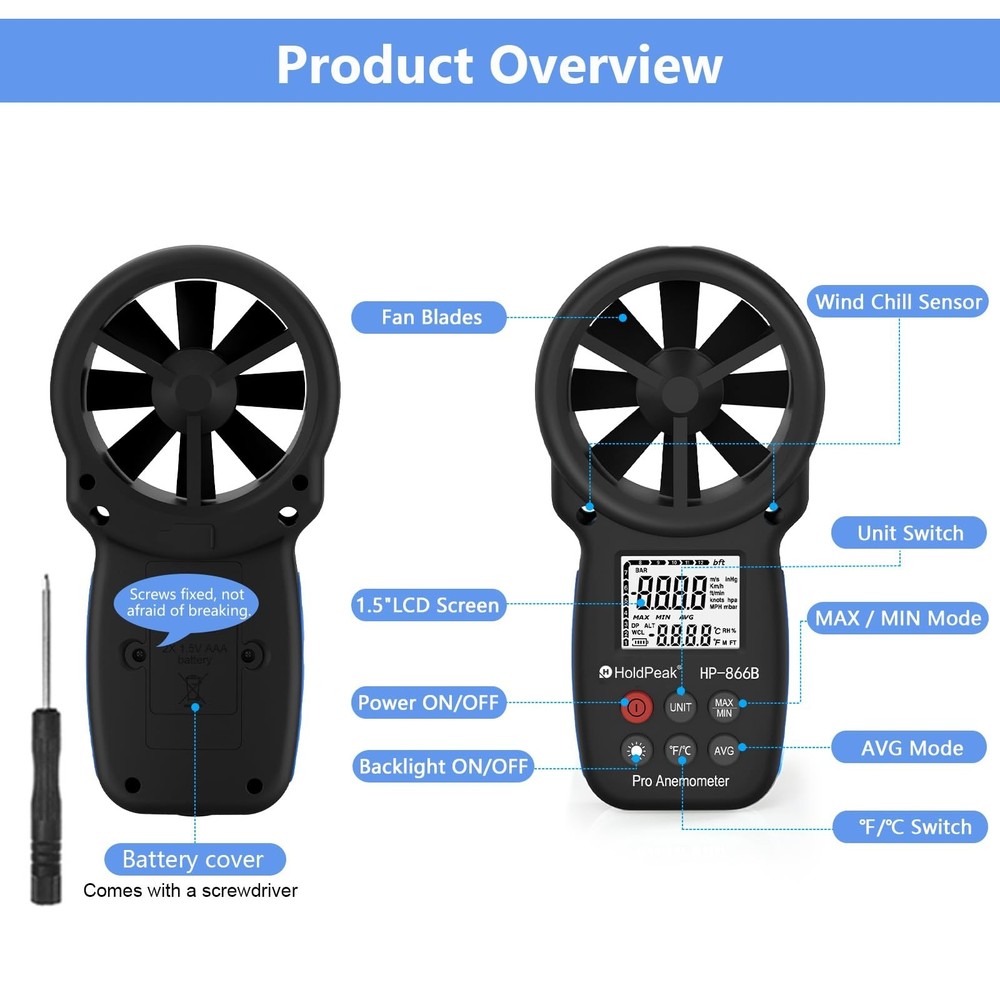 HoldPeak 866B Digital Anemometer Handheld Wind Speed Meter for Measuring Wind...