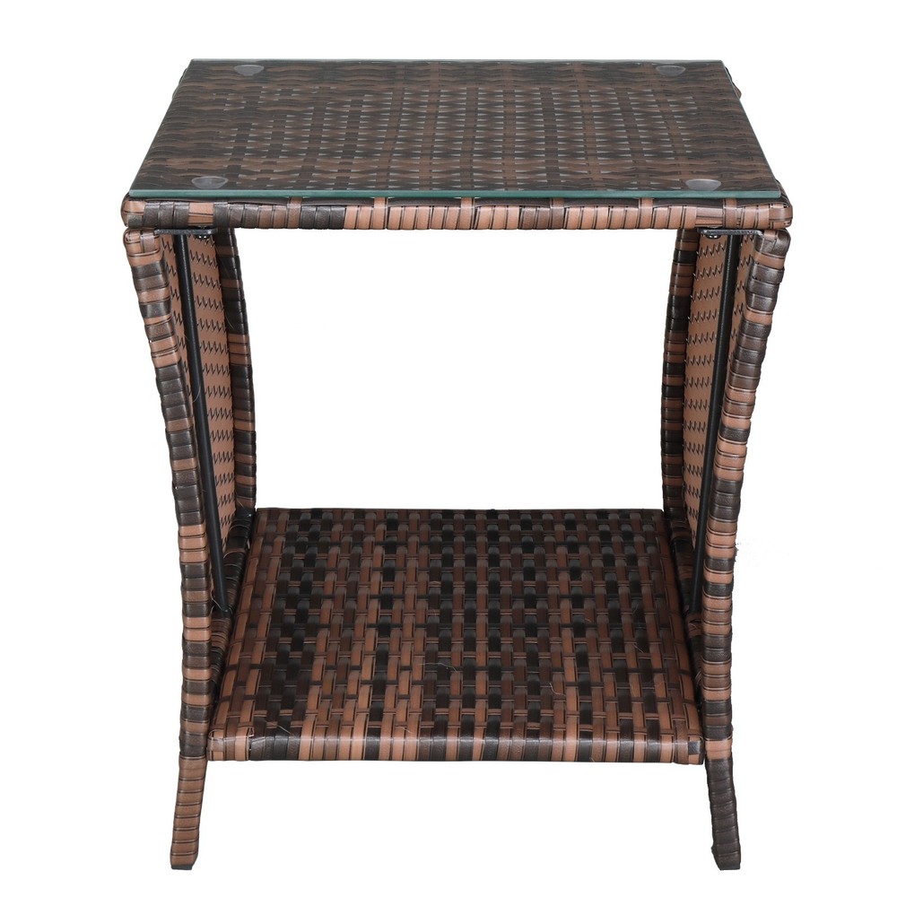 Glass Surface Brown Gradient Iron Frame Rattan Side Table