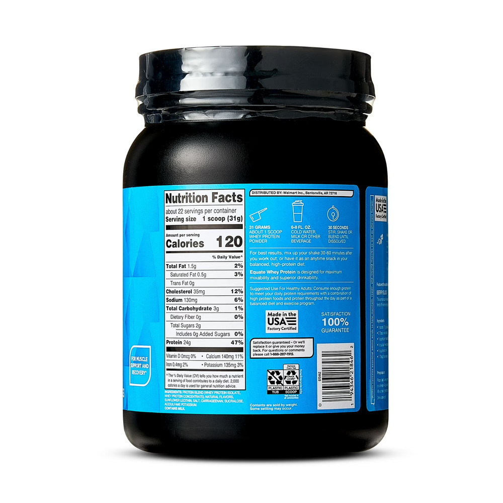 2P Equate Whey Protein Powder, Smooth Vanilla, 24 oz