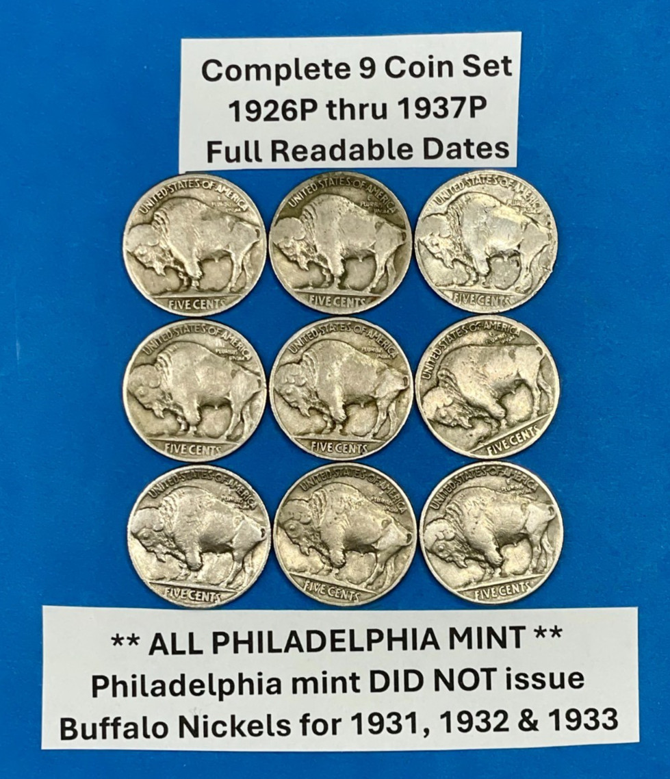 Complete Buffalo Nickels Set of 9 FULL DATE COINS 1926P to 1937P ~ SHARP COINS!