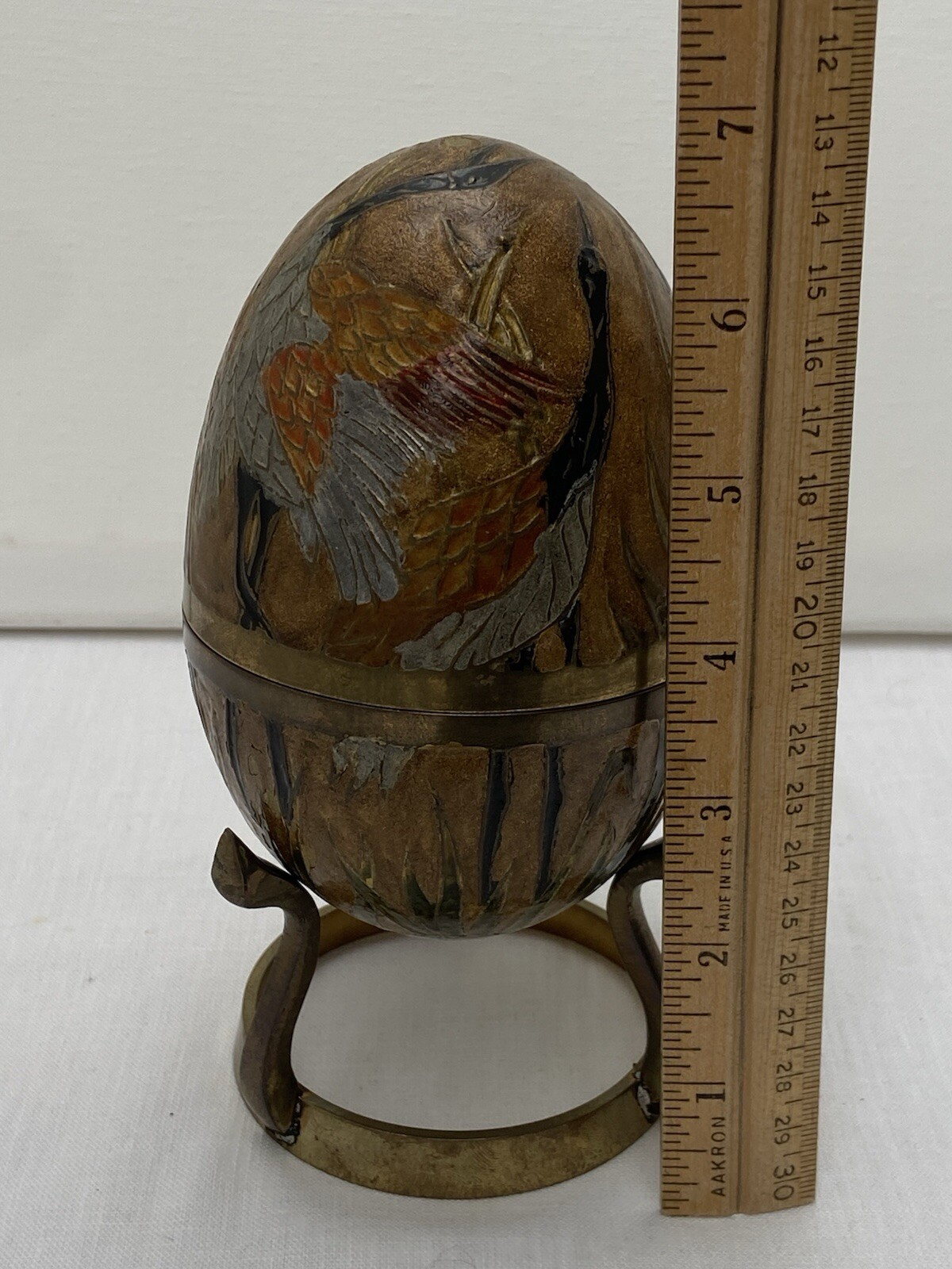 Solid Brass Egg & Stand Cloisonne Painted Trinket Box Ornate Enamel India Birds