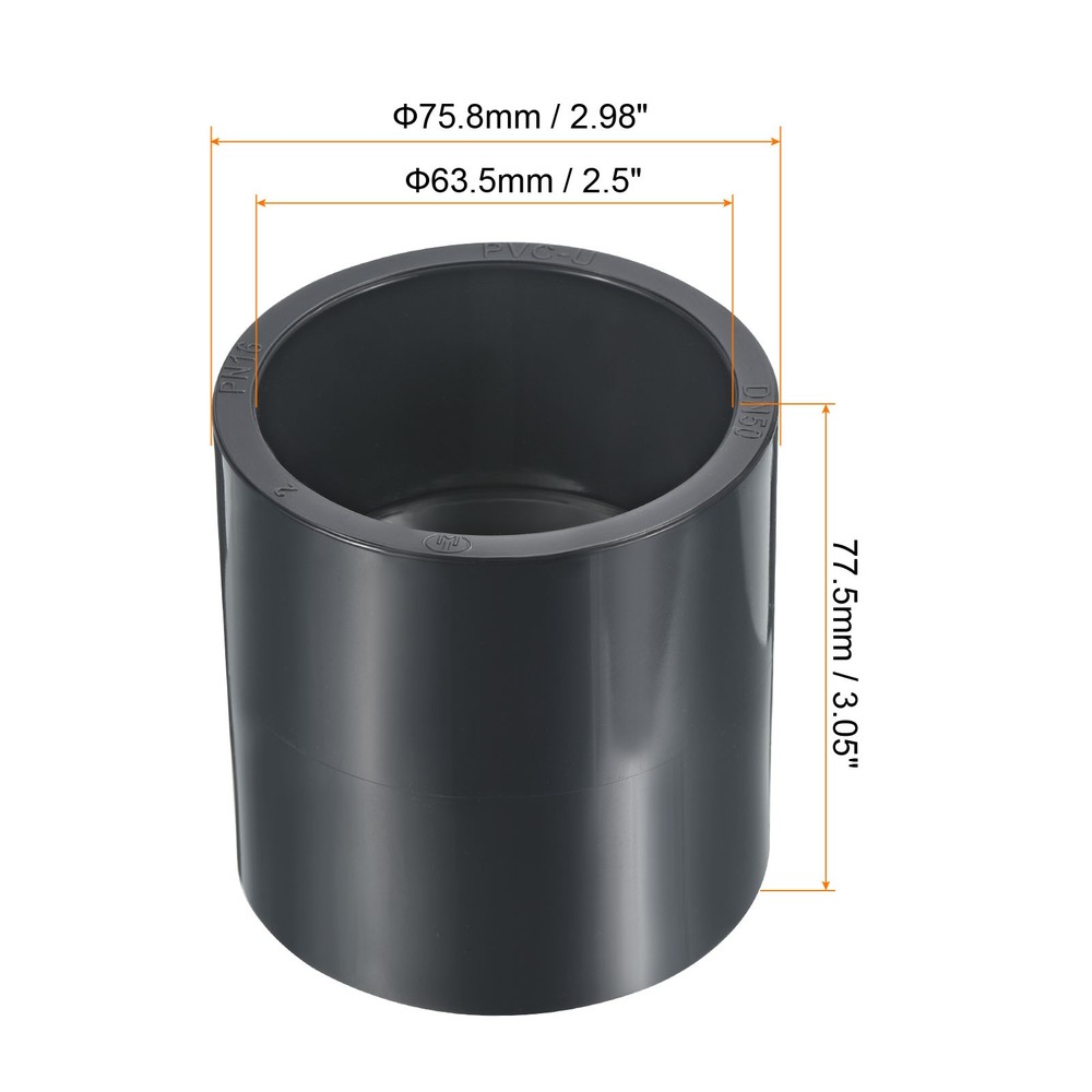 UPVC Pipe Fitting 63.5mm Socket, 1 Pack Straight Coupling, Dark Grey