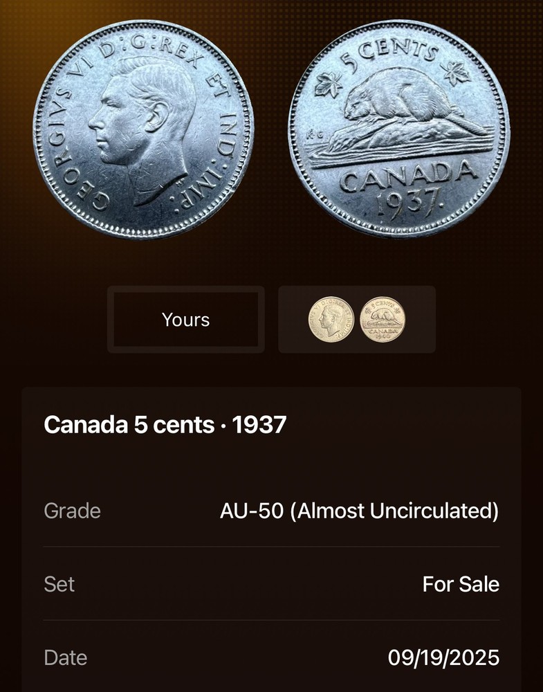 1937 Canada 🇨🇦 5 Cents ~ (AU) Condition ~ Low Mintage
