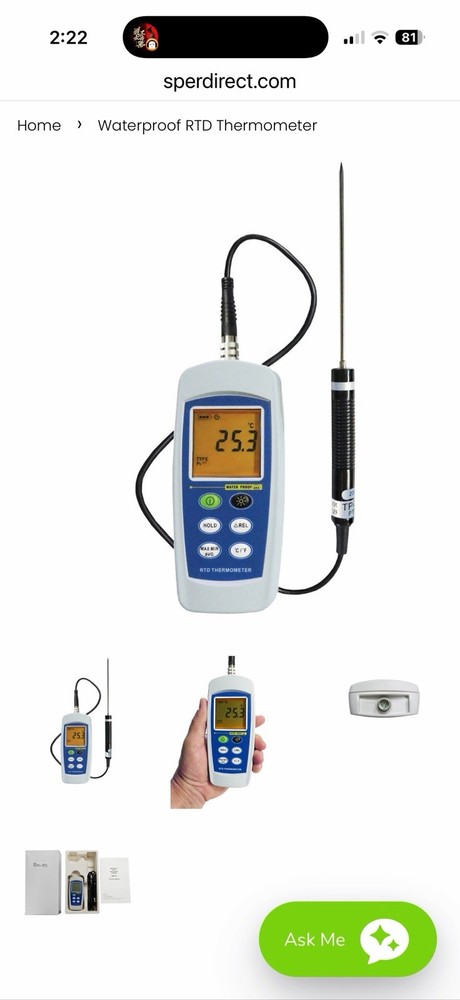 Waterproof RTD Digital Thermometer With PT-100 Sensor Probe