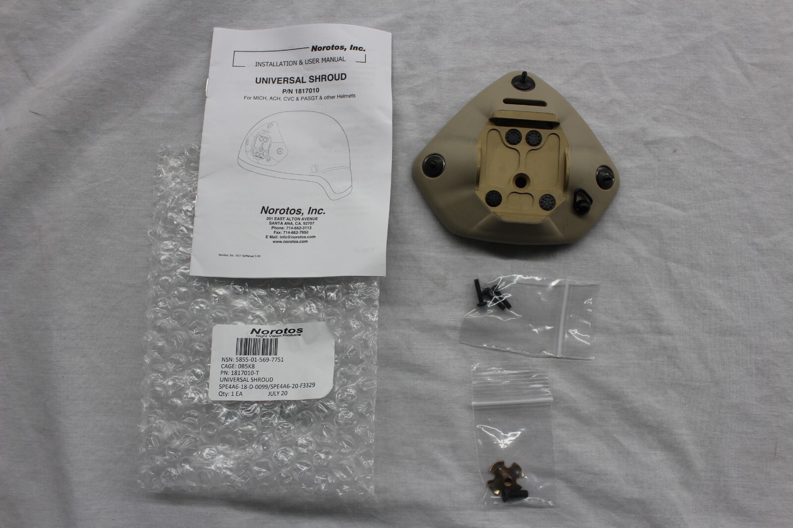 NOROTOS UNIVERSAL SHROUD HELMET SHROUD NVG MOUNT  1 OR 3 HOLE