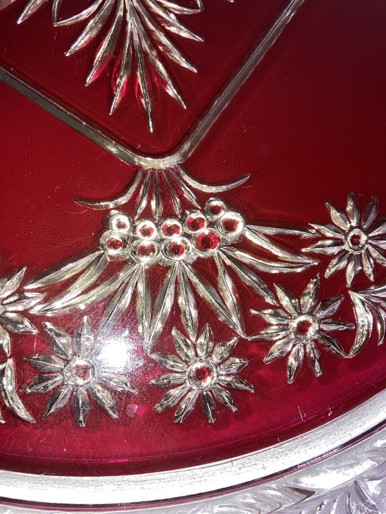 Vintage Mercury Silver Ruby Red Platter Stand Goofus Glass Beautiful
