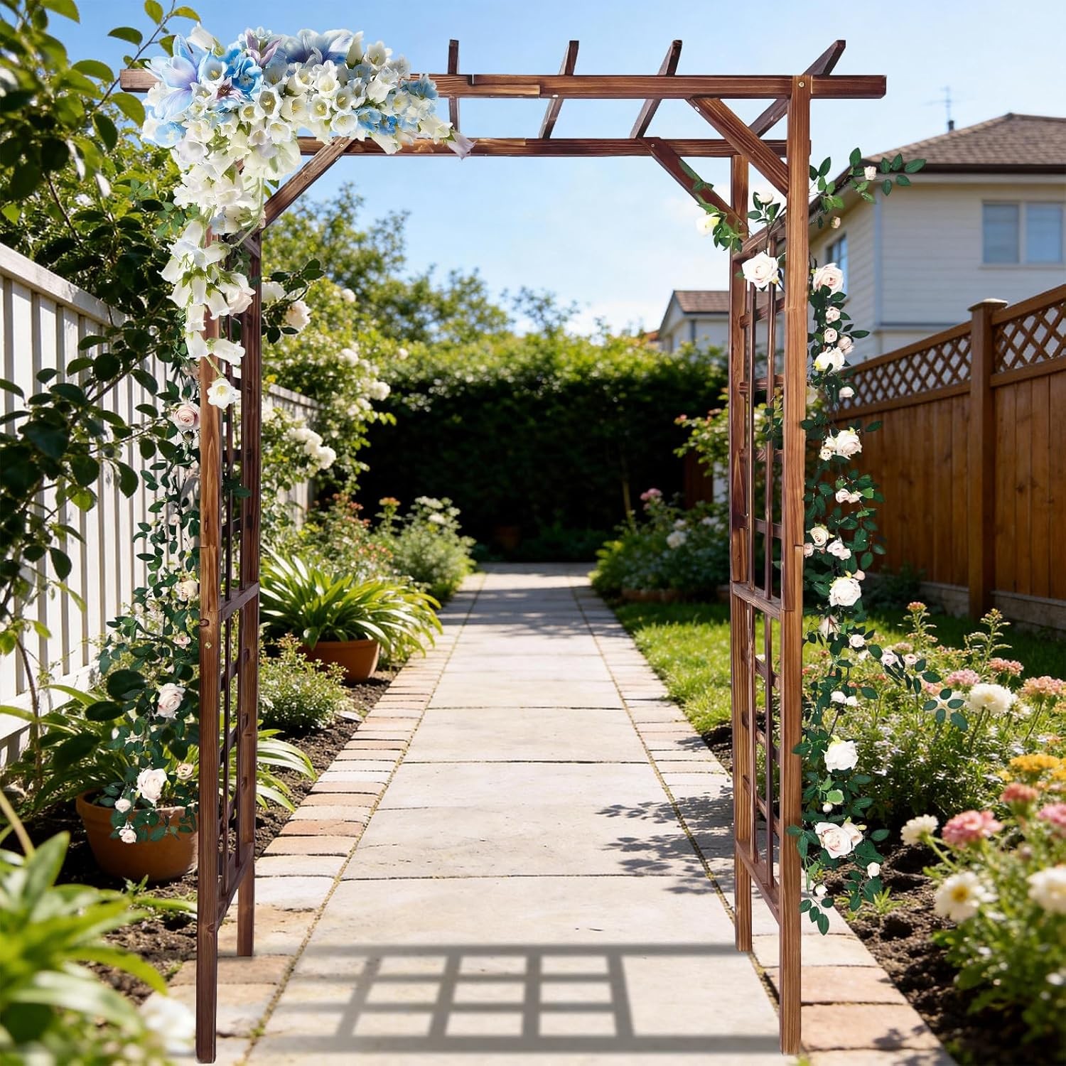 7FT Garden Arbor Flat Top Wooden Wedding Arches with Trellis for Climbing Plants