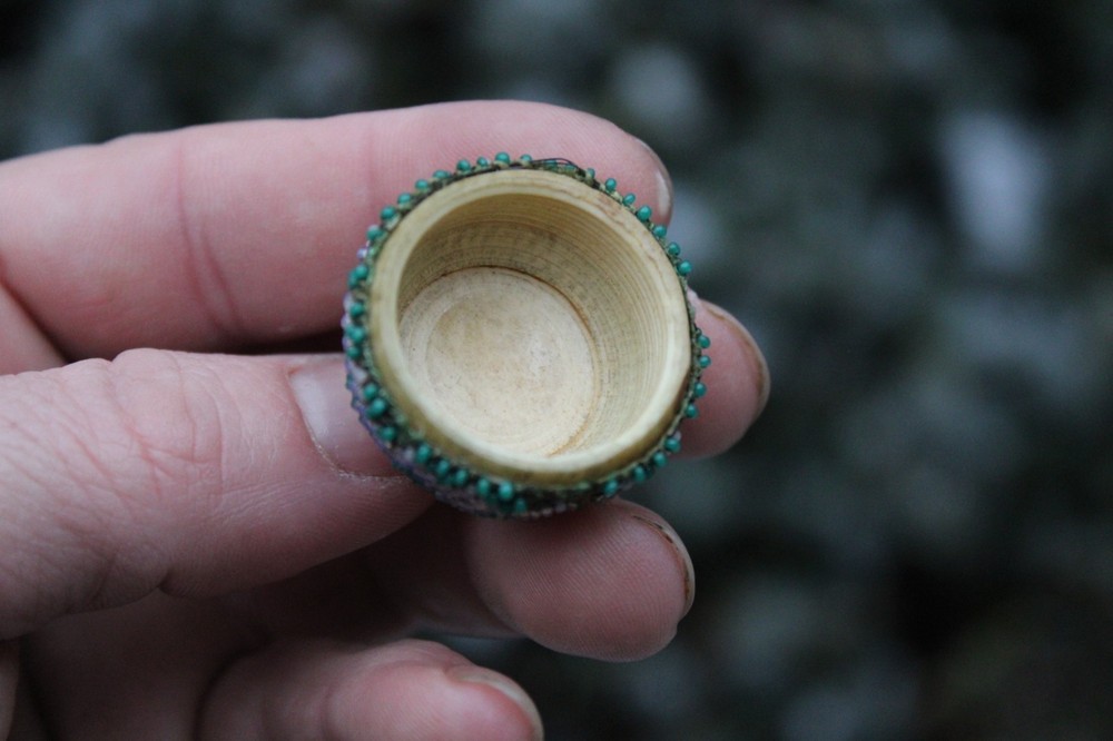 Antique 19th Century English Beaded Easter Egg Thimble Case w/ Sterling Thimble