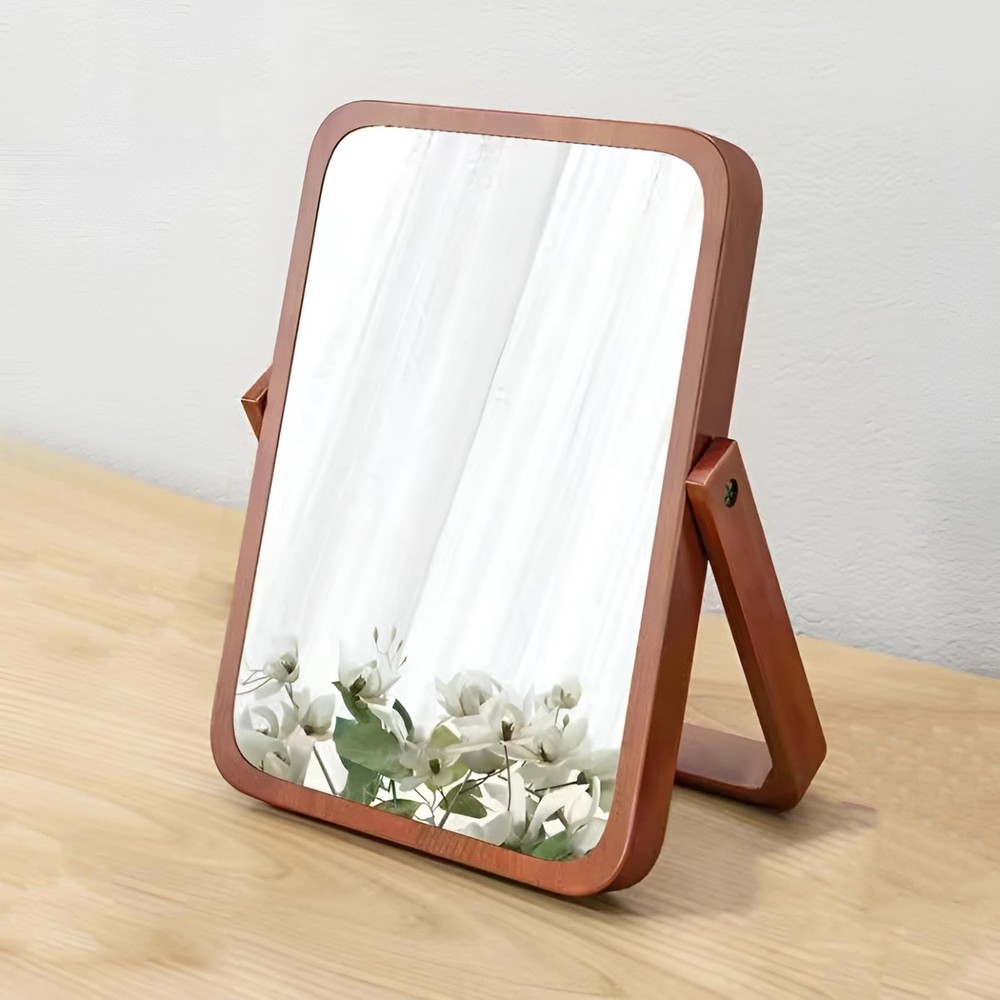 Wooden Desktop Makeup Mirror, Rectangular Tabletop Vanity Mirror with 360° Ro...