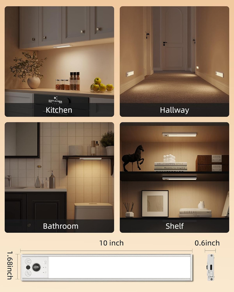 10" Rechargeable Under Cabinet Motion Sensor Lights 2-Pack Dimmable