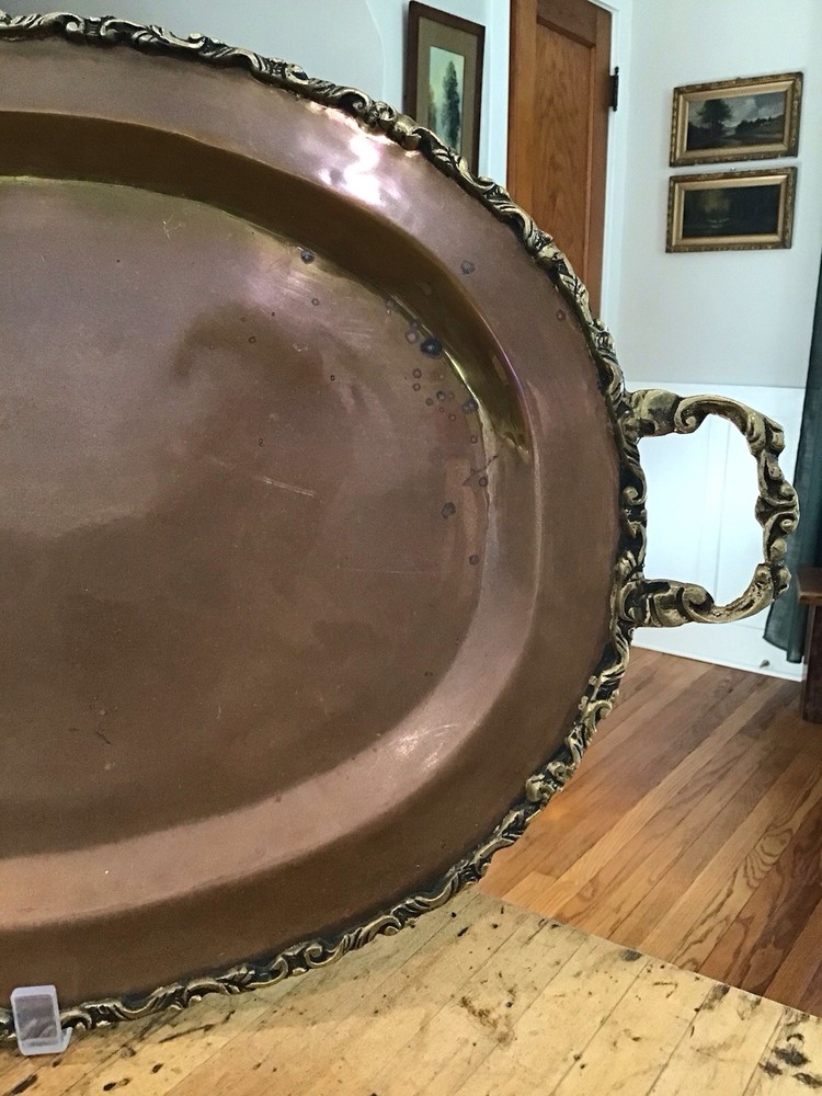 Antique Large Solid Copper Tray with Brass Handles Fall Decorating