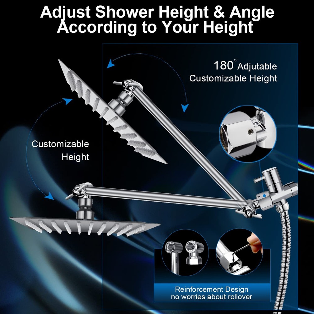 PinWin Modern 12" Large Square Rain Showerhead Set, Chrome