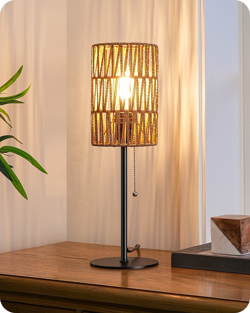 EDISHINE Rattan Table Lamp, Boho Nightstand Lamp with Pull Chain, E26 Socket