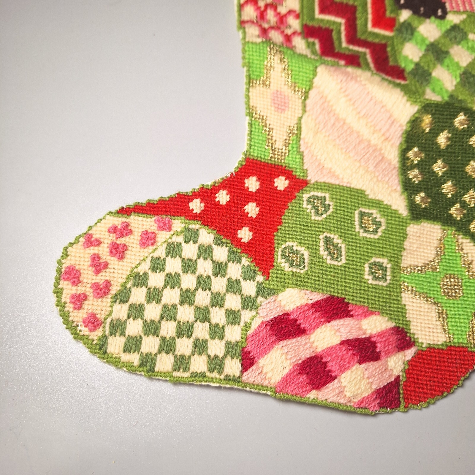 RARE Needlepoint Christmas Stocking Cat Handmade Siamese Kitten Vtg Patchwork