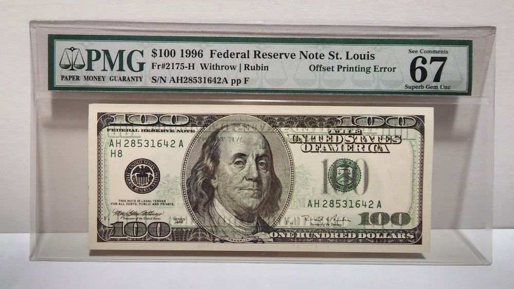 $100 1996 FRN OFFSET PRINTING ERROR PMG67EPQ