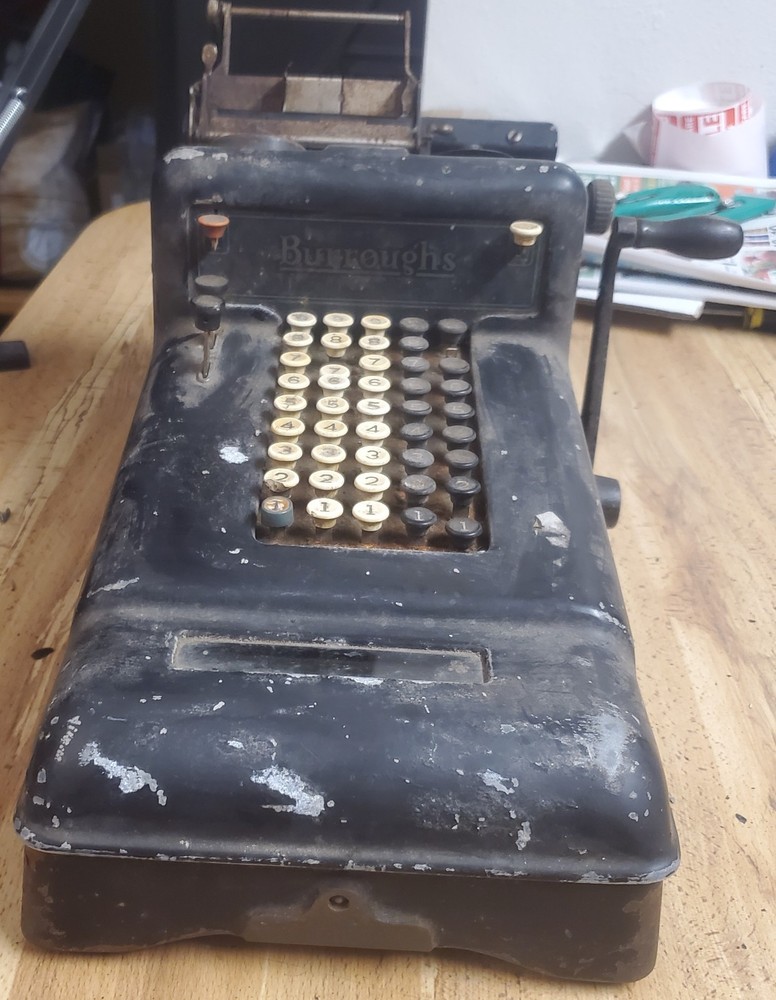 ANTIQUE Burrough's Hand Crank 6 Column Adding Machine Rust Patina Cast Iron