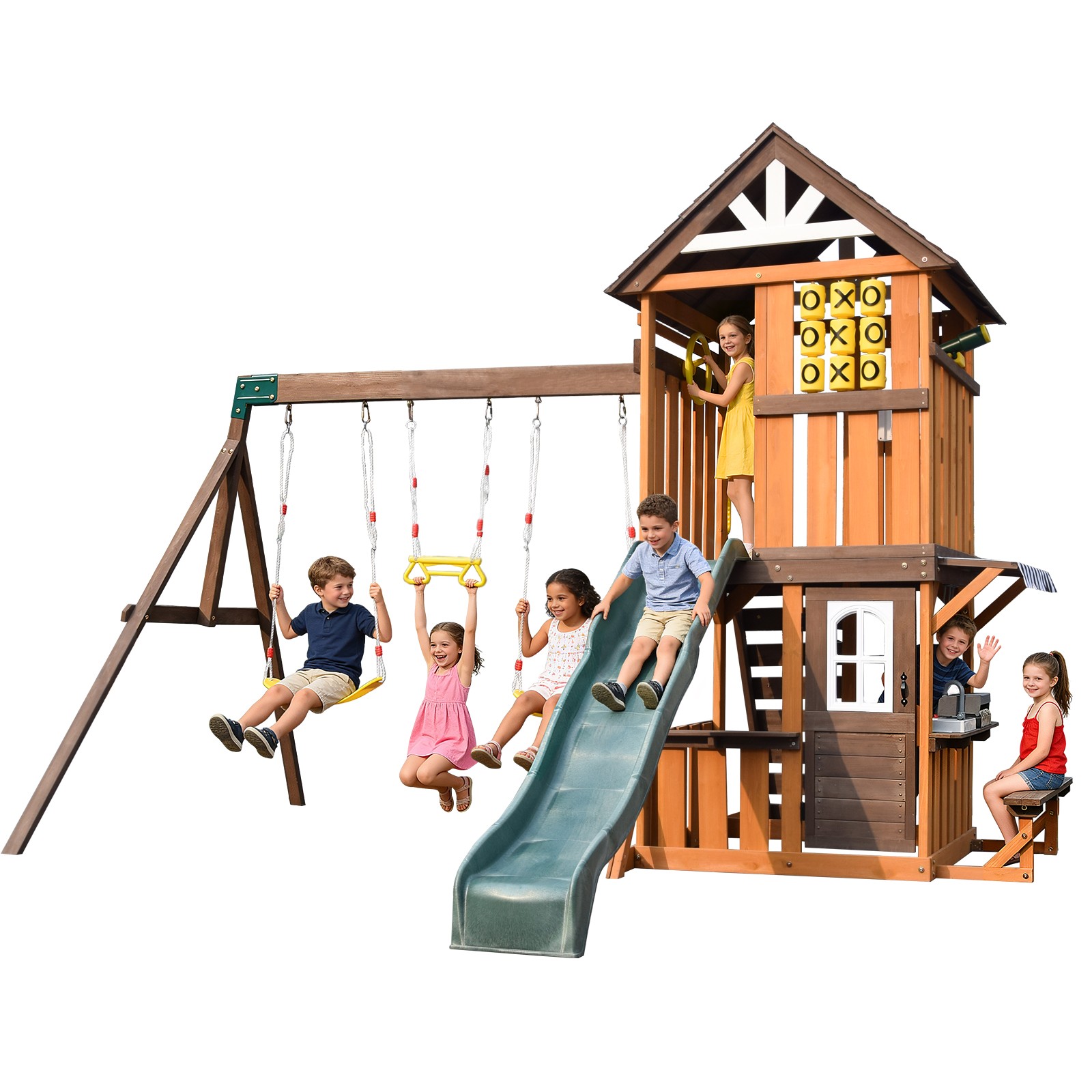 Large Wooden Kids Swing Slide Set Playhouse Kitchen,Rock Wall Outdoor Playground