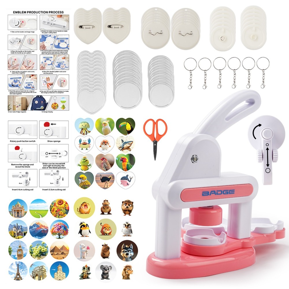 Installation-Free Button Maker Machine Badge Press DIY Pin Maker Kit Blue/Pink