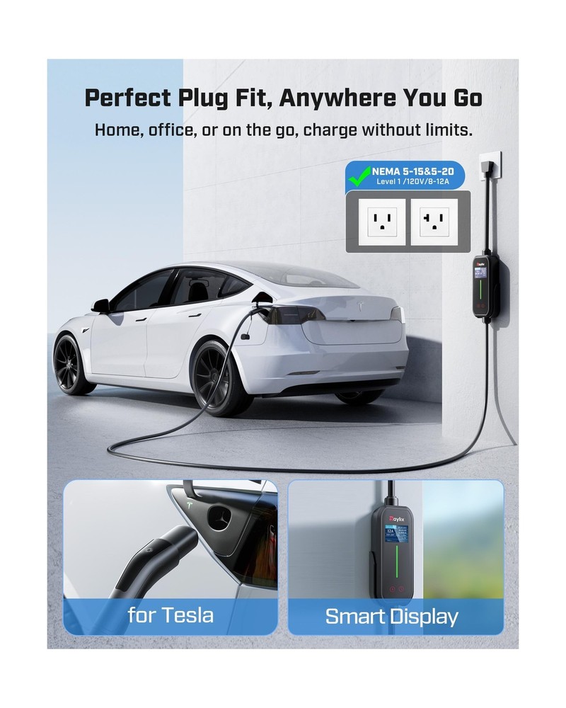 Raylix Upgraded 12A Level 1 Tesla Charger [Adjustable Current, Delay Charge] ...