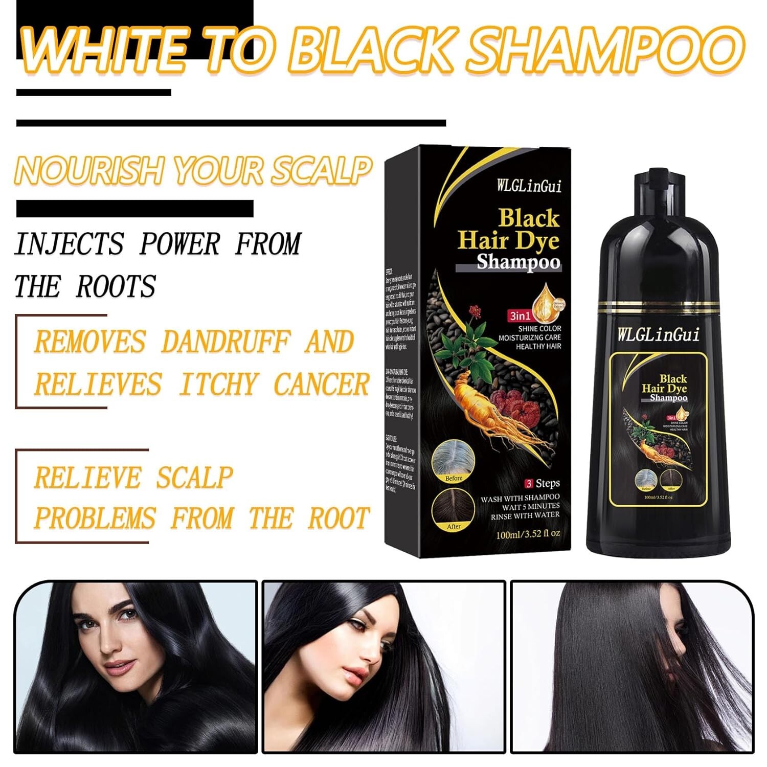 Natural Black Hair Dye Shampoo for Women Magic Instant 3 in 1 Hair Color Shampoo