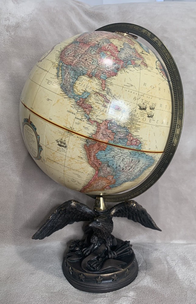 Replogle 12" Globe Eagle Tabletop Brass Tone Resin Eagle Base Globe Vintage