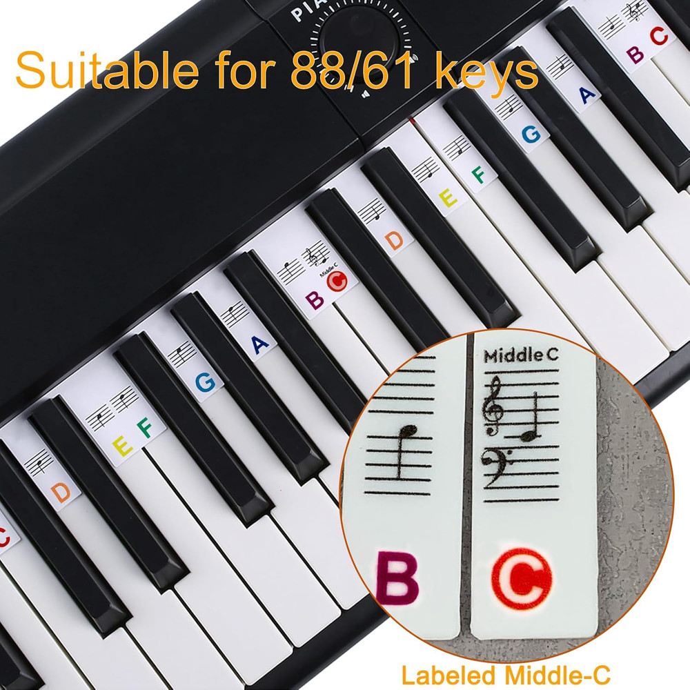 Piano Notes for Beginner, Removable 88-Key Full Size Piano Labels, 61 Key Sil...