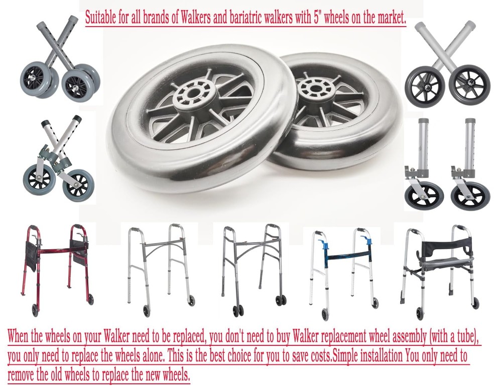 Universal Walker replacement wheels,5”Caster Wheels,Axle 5 inches, Black