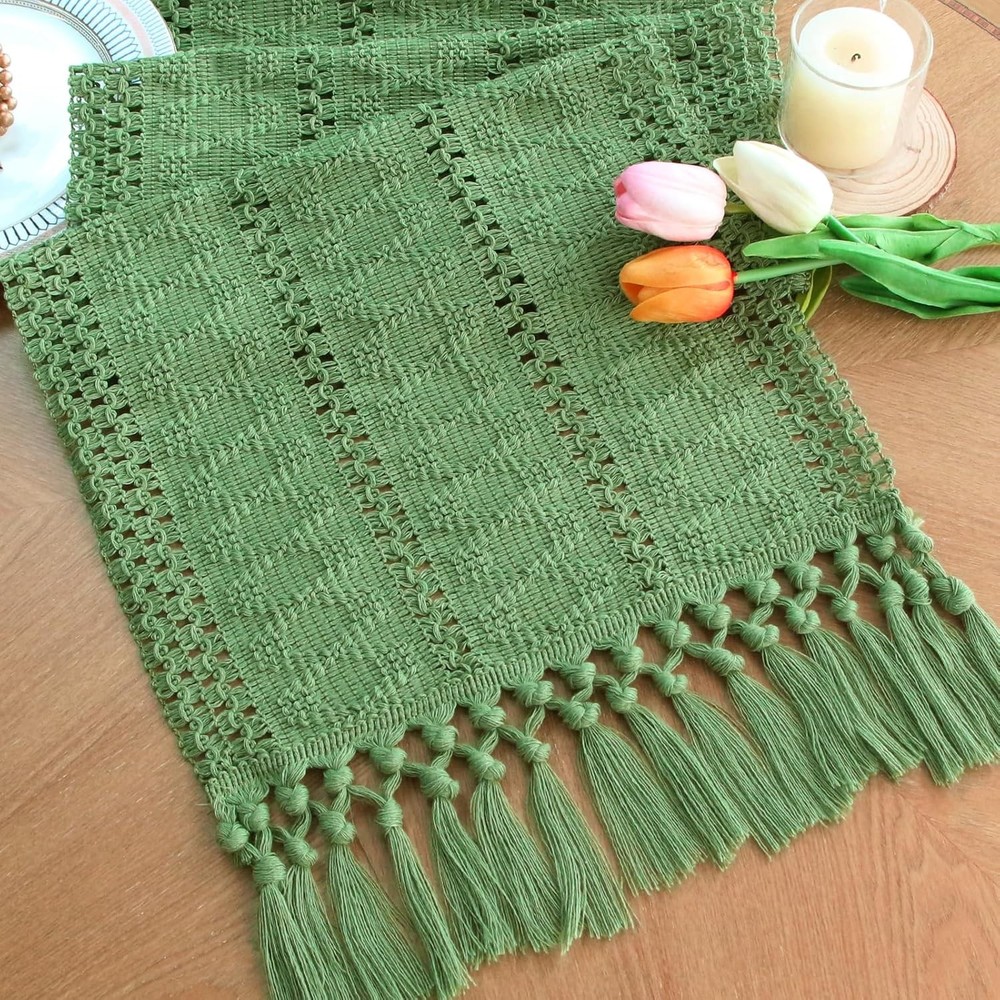 Green Table Runner with Tassels for Christmas Decor 72 Inches Long Macrame Table
