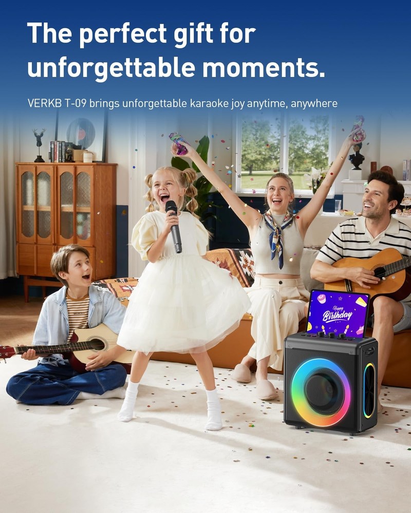 VERKB Karaoke Machine with 2 Wireless Microphones Portable Bluetooth Speaker ...