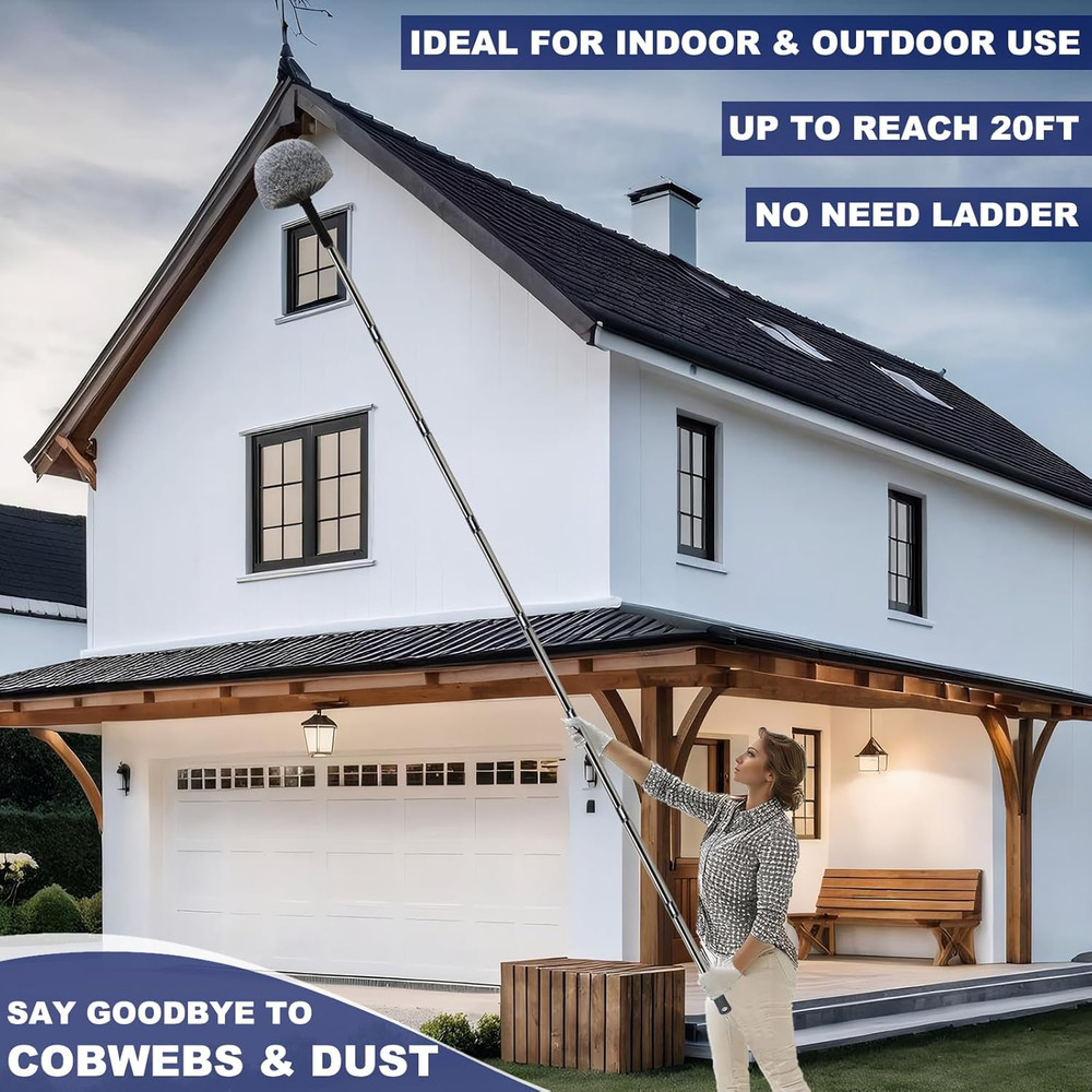 20 Ft+ High Reach Grey Cobweb Duster with 3-14 ft Extension Pole, Webster Cobweb