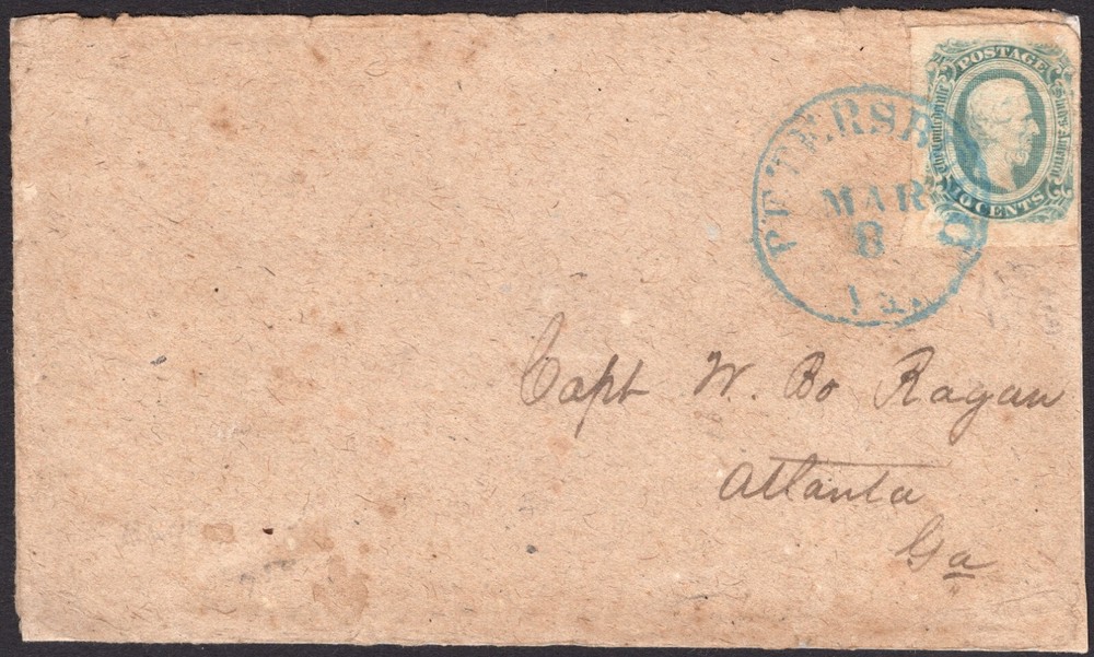 Confederate Cover, CSA #12c (AD), Blue CDS Petersburg, Va. MAR 8 to Atlanta, Ga.