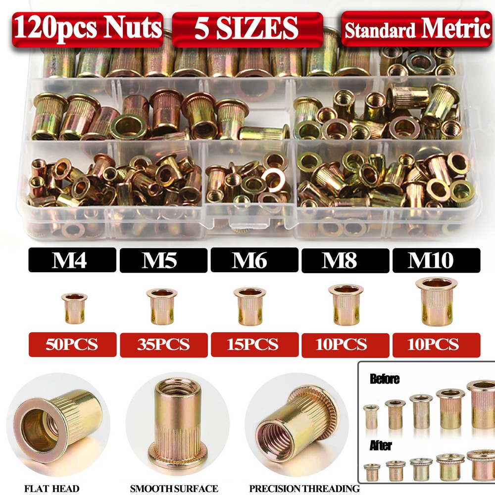 120 Pcs Rivet Nuts M4-M10 Carbon Steel Rivnut Insert Nutsert Threaded Flat Head