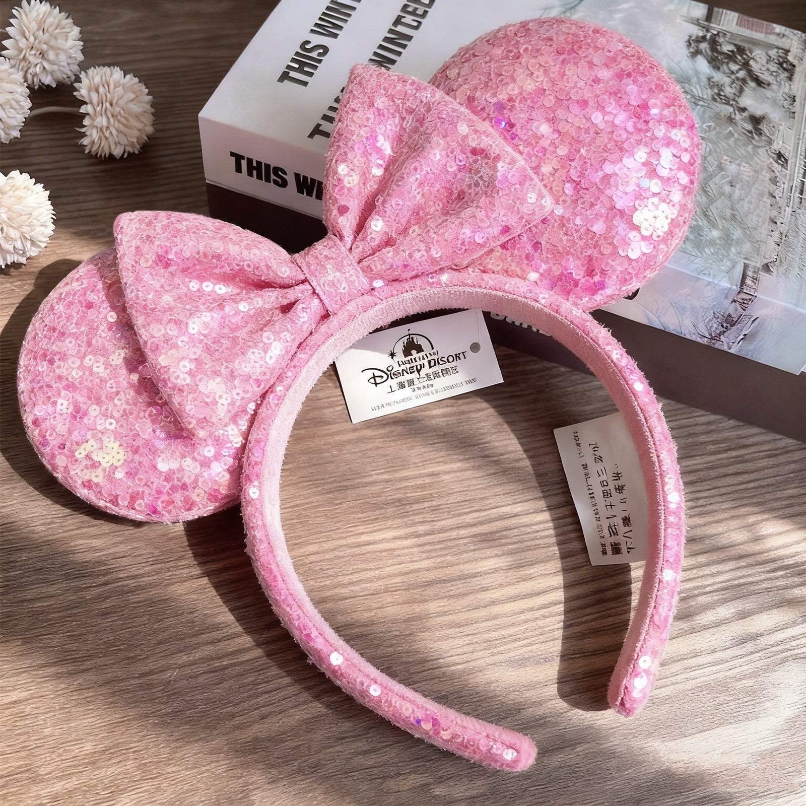 Disney- Parks Pink Sequin Aurora Minnie Mickey Mouse Ear Bow Disneyland Headband