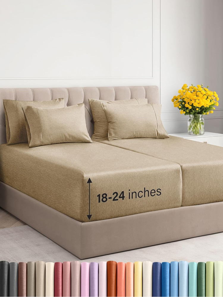Extra Deep Split King Sheet Set - 7 Piece Breathable & Cooling Sheets - Hotel Lu