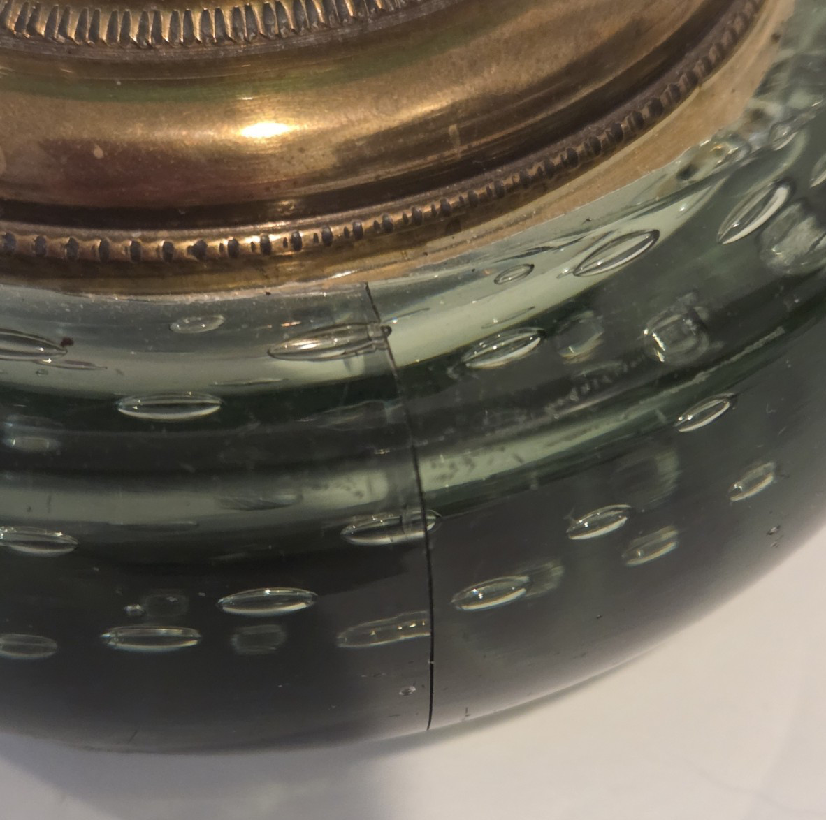 Glass Ink Well hand Blown Controlled Bubbles Brass Antique Green