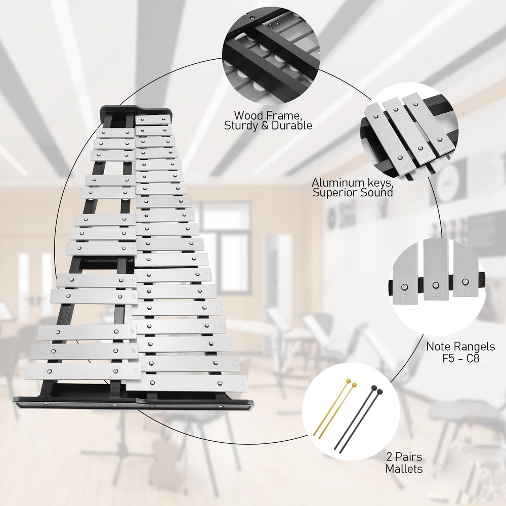 32 Note Glockenspiel Xylophone Percussion Kit with Height Adjustable Stand, D...