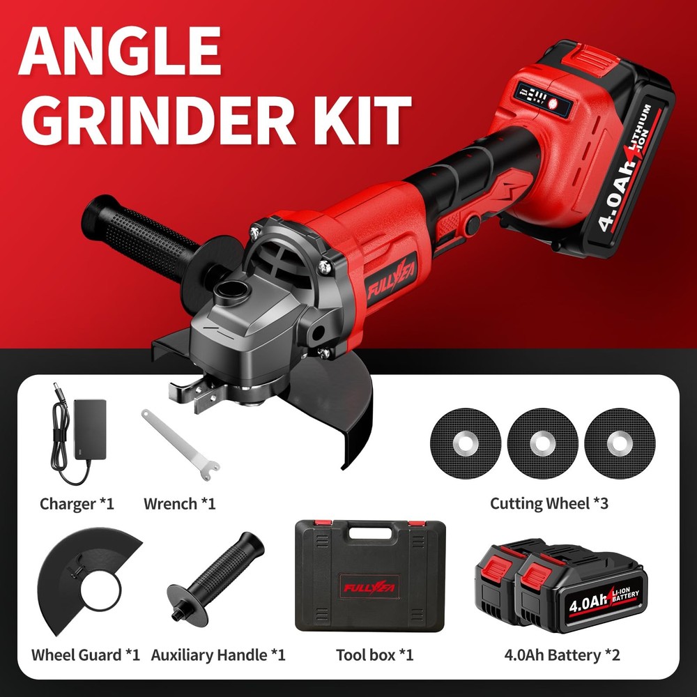 Cordless Angle Grinder Kit, 4-1/2" Power Angle Grinders with 2 * 4.0Ah Batter...