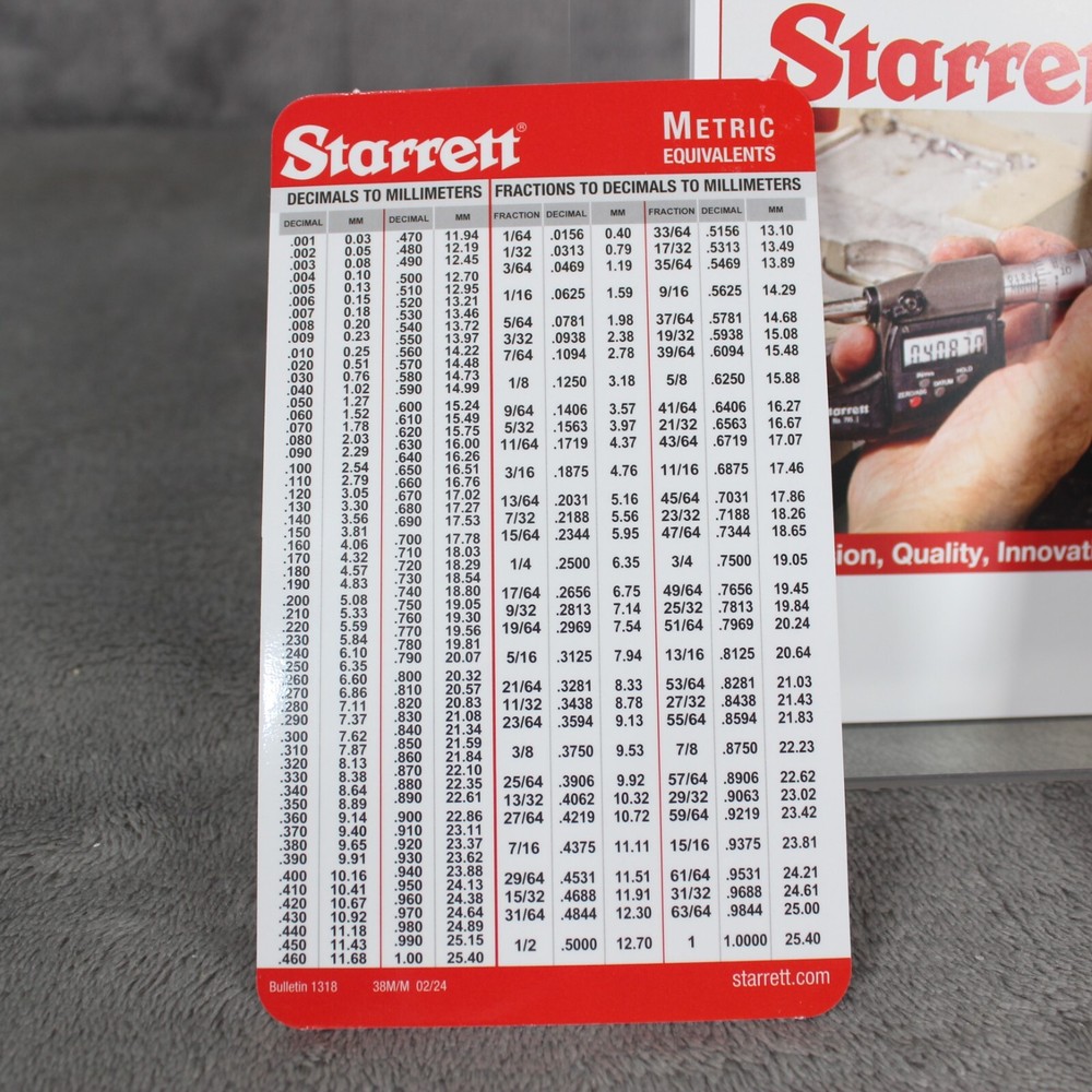 STARRETT Tap Drill Size Chart Decimal Equivalent Metric Equivalent Pocket Cards