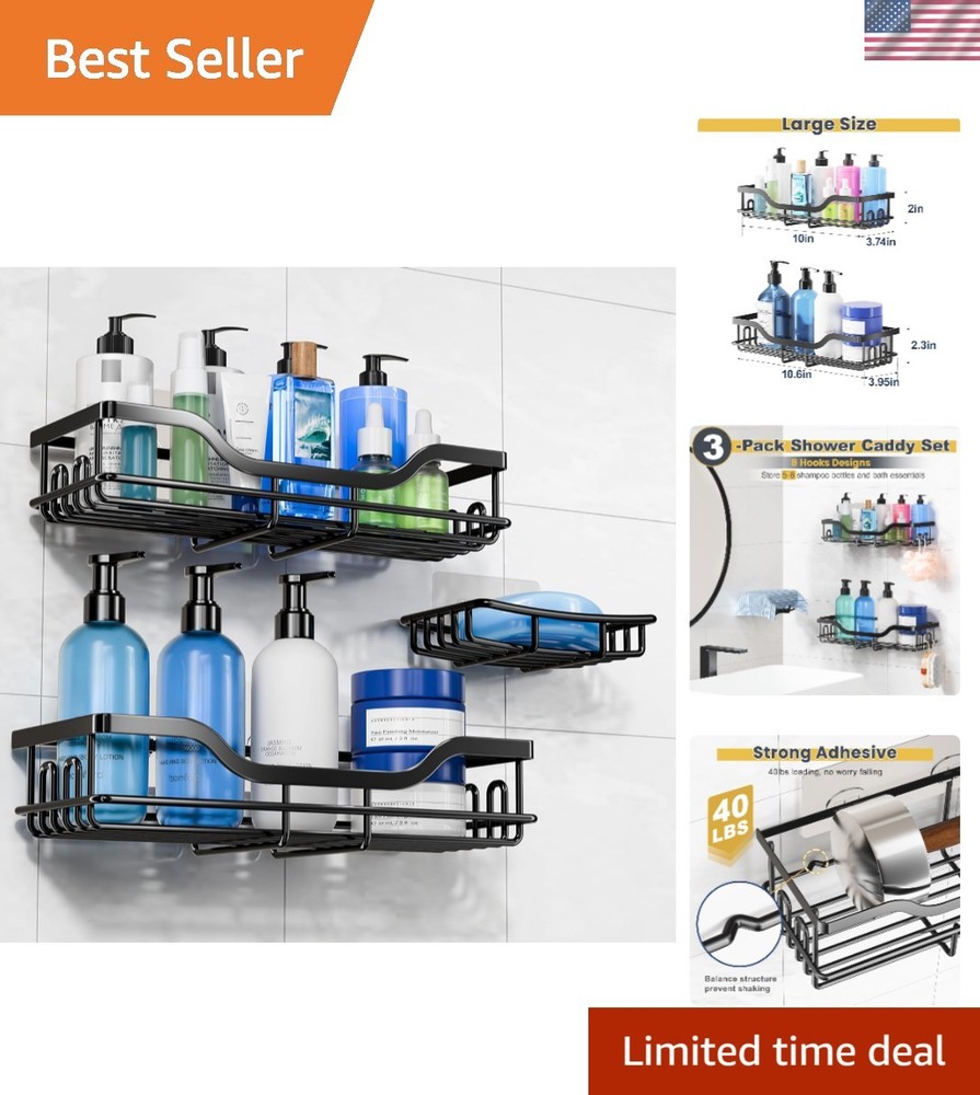 3-Pack Shower Caddy with Soap Holder, Adhesive Rustproof No-drill Strudy Load...