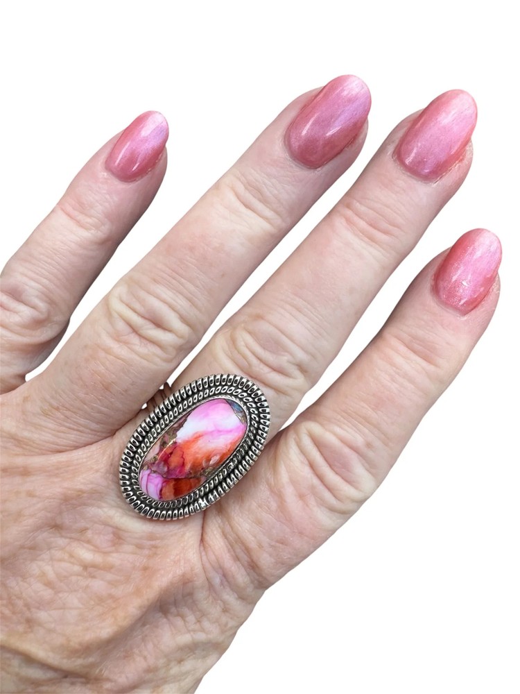 Kingman Pink Dahlia Turquoise Solid 925 Sterling Silver Ring – Size 10