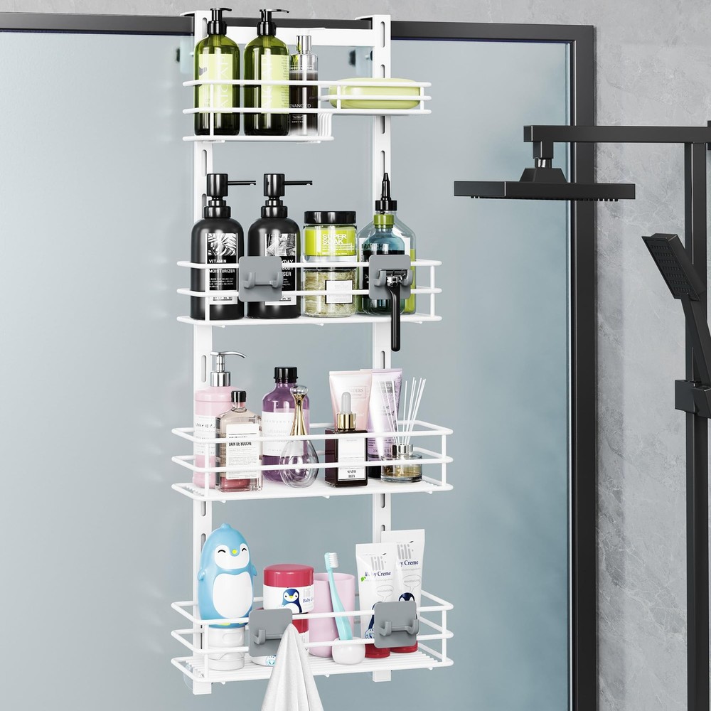 Orimade Over Door Shower Caddy 4-Tier Adjustable White Rustproof w/ Hooks