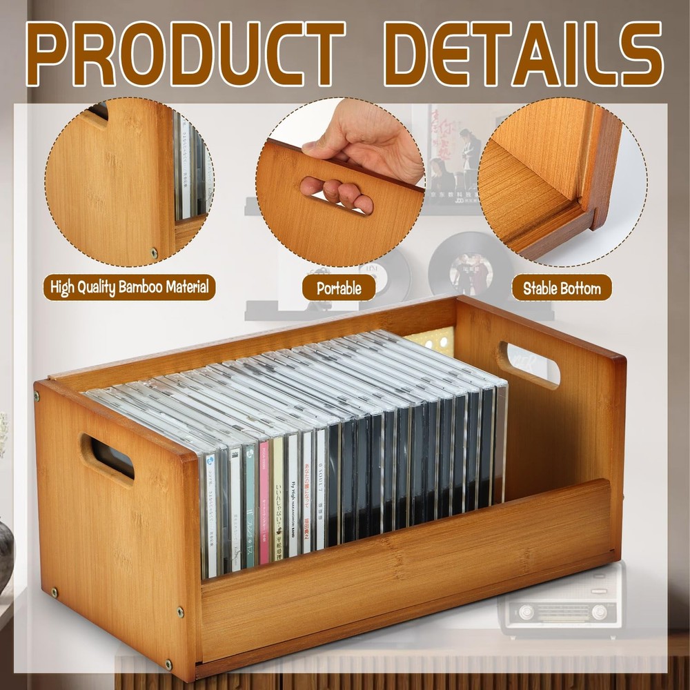 2 Set Bamboo CD Storage Box, Stackable CD Holder Racks Organizer Shelf for Mo...