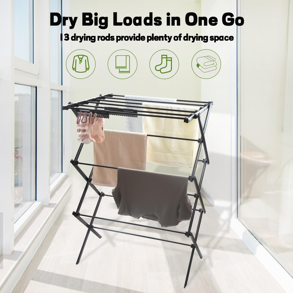 3 Tiers Extendable Clothes Drying Rack, Vertical Laundry Rack Portable and Co...