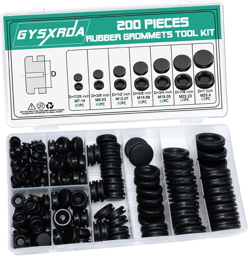 Rubber Grommet Kit 200 Pack - 7 Sizes Firewall Hole Plugs B