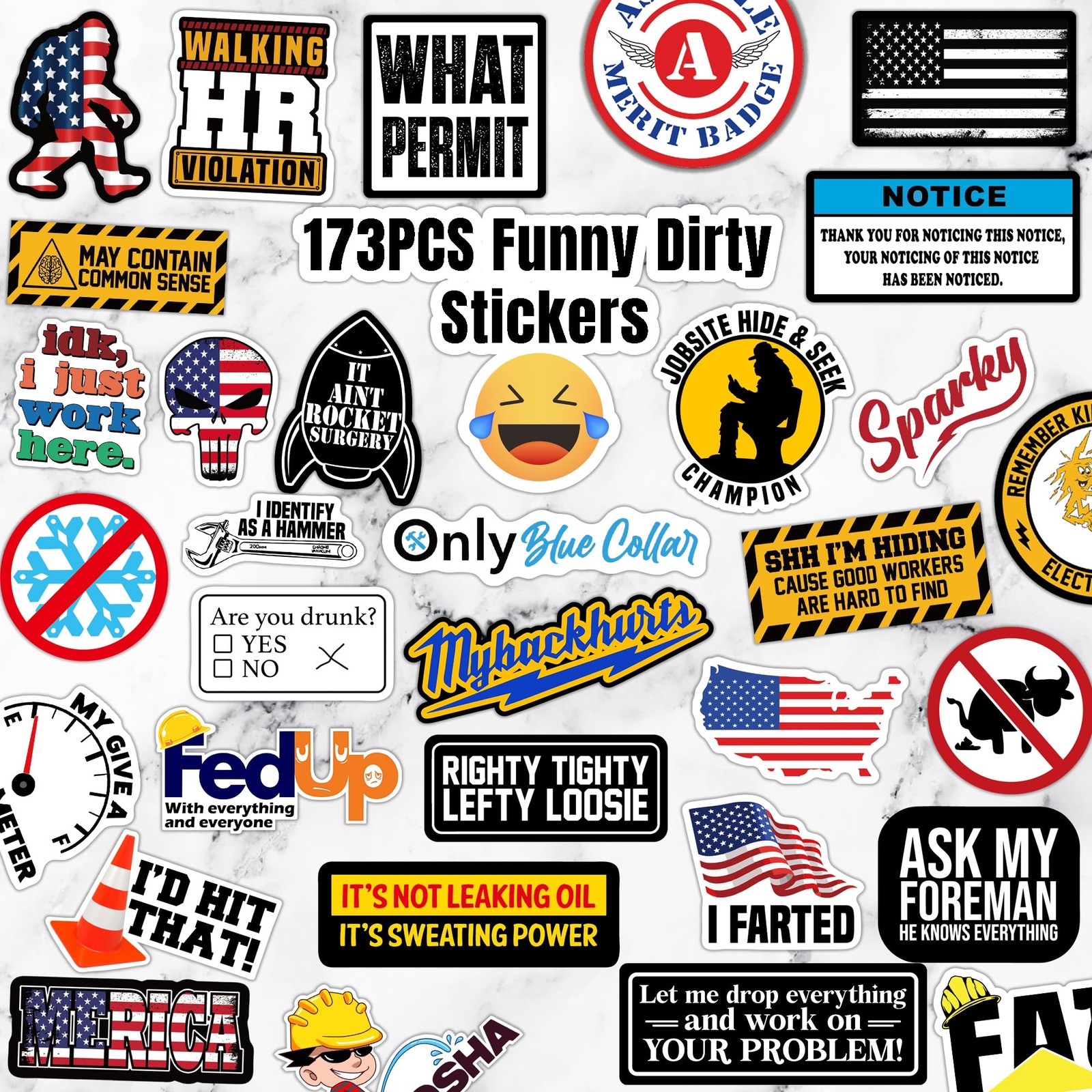 173 PCS Funny Hard Hat Stickers Waterproof Blue Collar Decals Pack Laptop Helmet