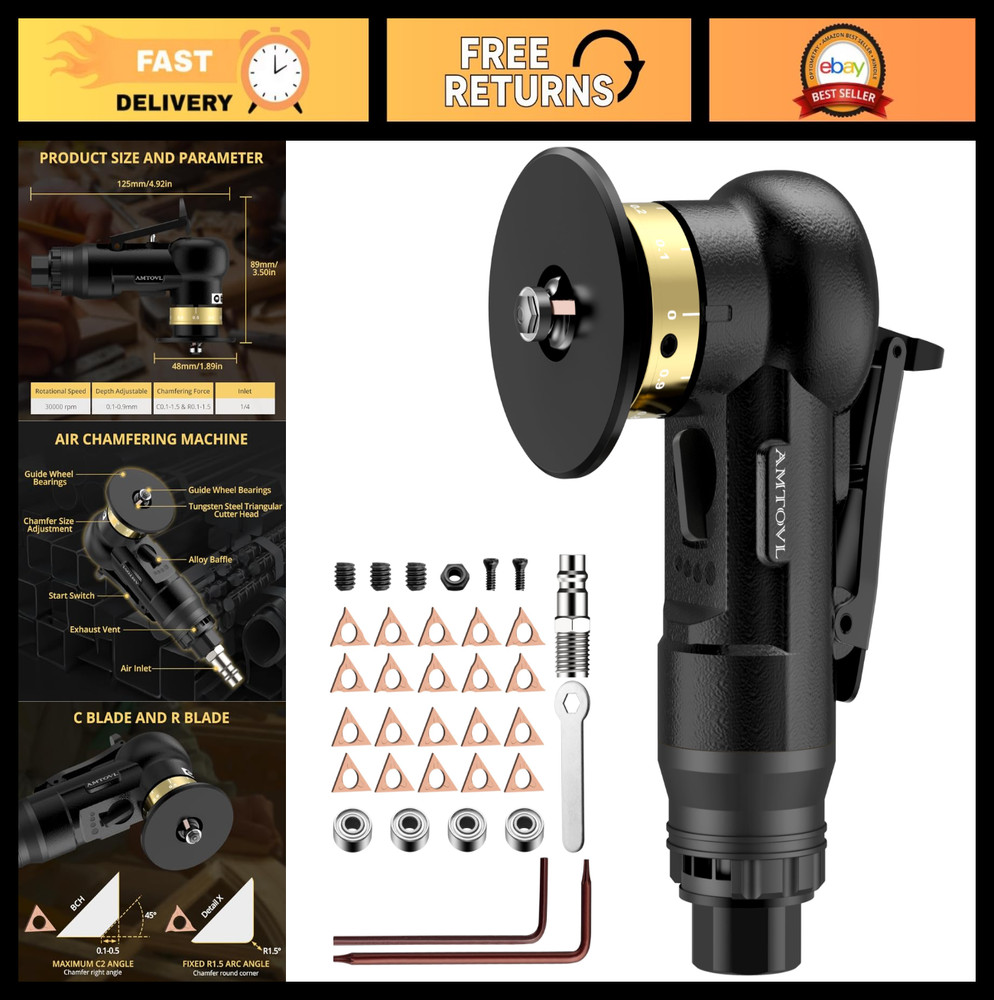 Mini Pneumatic Chamfering Tool - 10 C-Angle & 10 R-Angle Blades, 30000 RPM