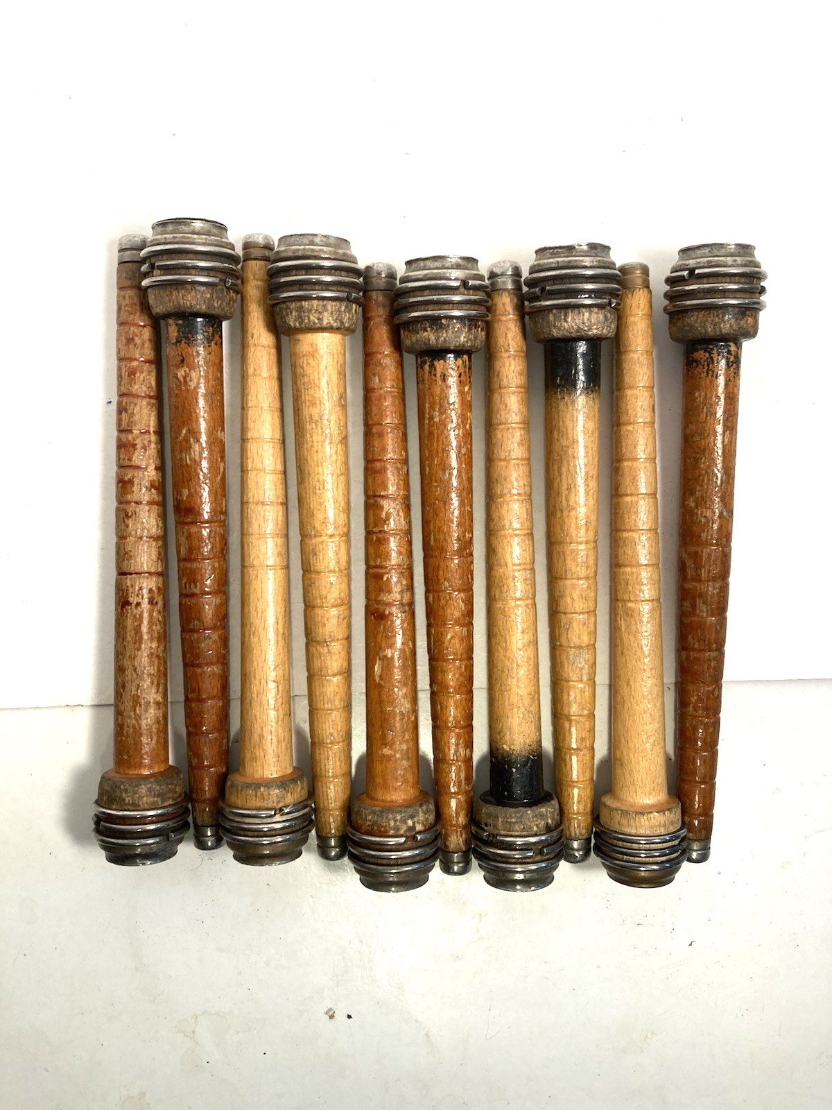 Wood Bobbins, 7.75" with METAL HEAD, Reclaimed Textile, quills - lot of 10
