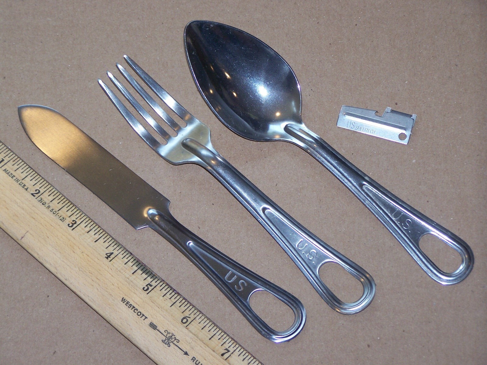 USGI Mess Knife Fork Spoon & P38 Can Opener for Military USMC Army Scout Vet USA