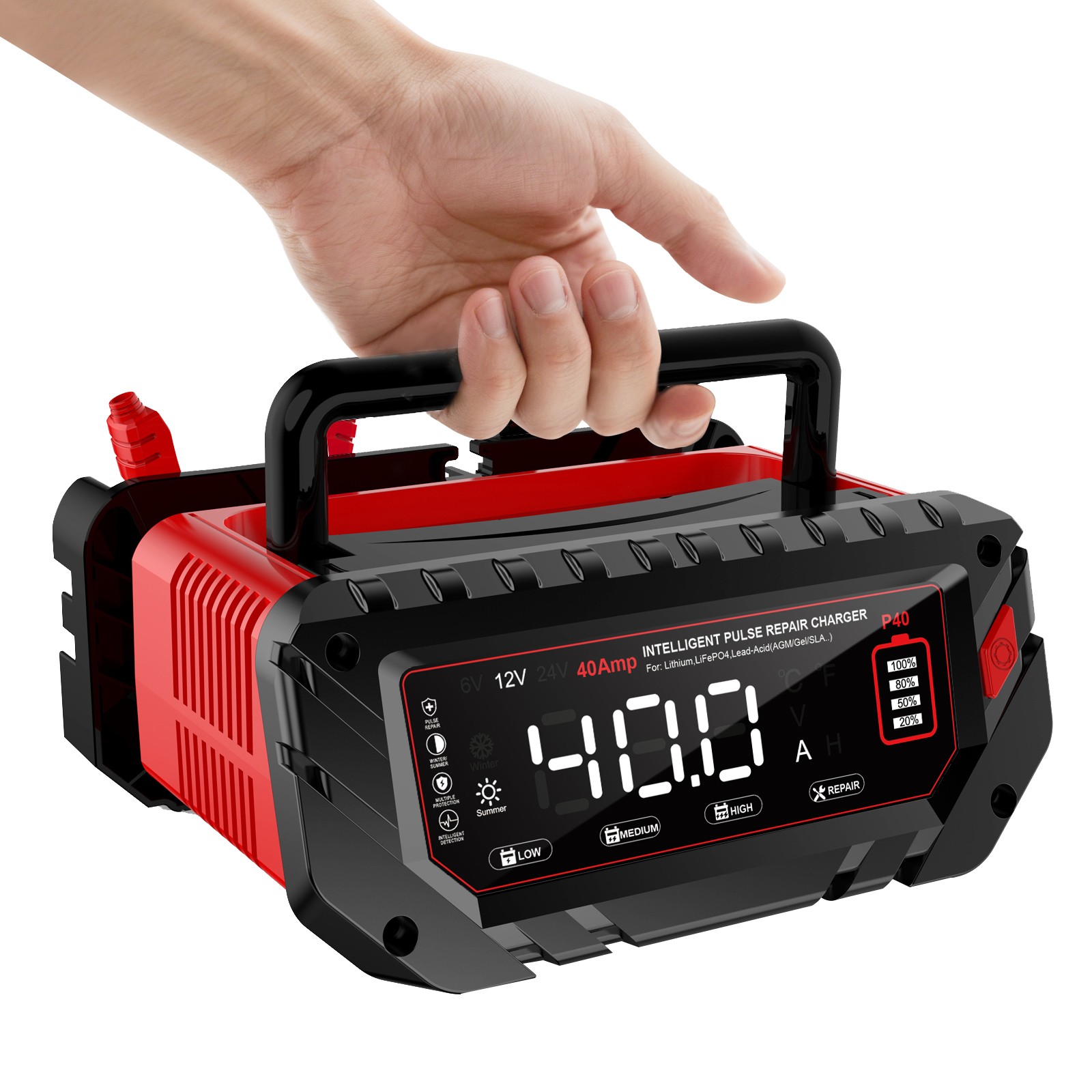 40-Amp Battery Charger, 12V/24V Lead Acid LiFePO4 Smart Battery Trickle Charger